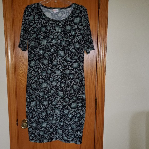LuLaRoe Julia dress - black with teal stripes - Size L - Picture 1 of 2